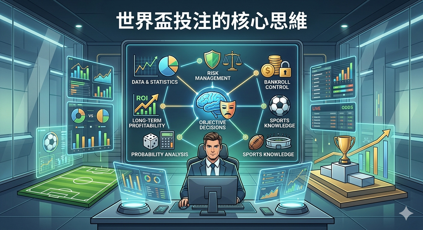 這張圖片展示了一位分析師在充滿數據儀表板的現代辦公室中，專注於世界盃投注的核心策略思維。 核心架構結合了數據統計、風險管理、資金控管與客觀決策，強調理性分析在運動博弈中的重要性。
