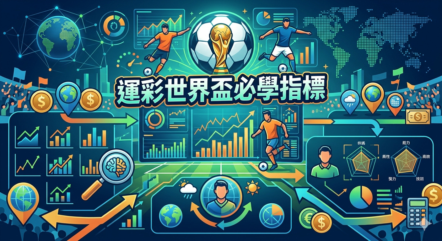 這張圖像以世界盃足球賽為主題,融合了數據分析圖表、球員動態與投注指標,呈現出專業的運動賽事分析風格。 畫面上方標示著「運彩世界盃必學指標」,結合了科技感數據介面與比賽場景,強調策略分析對賽事預測的重要性。