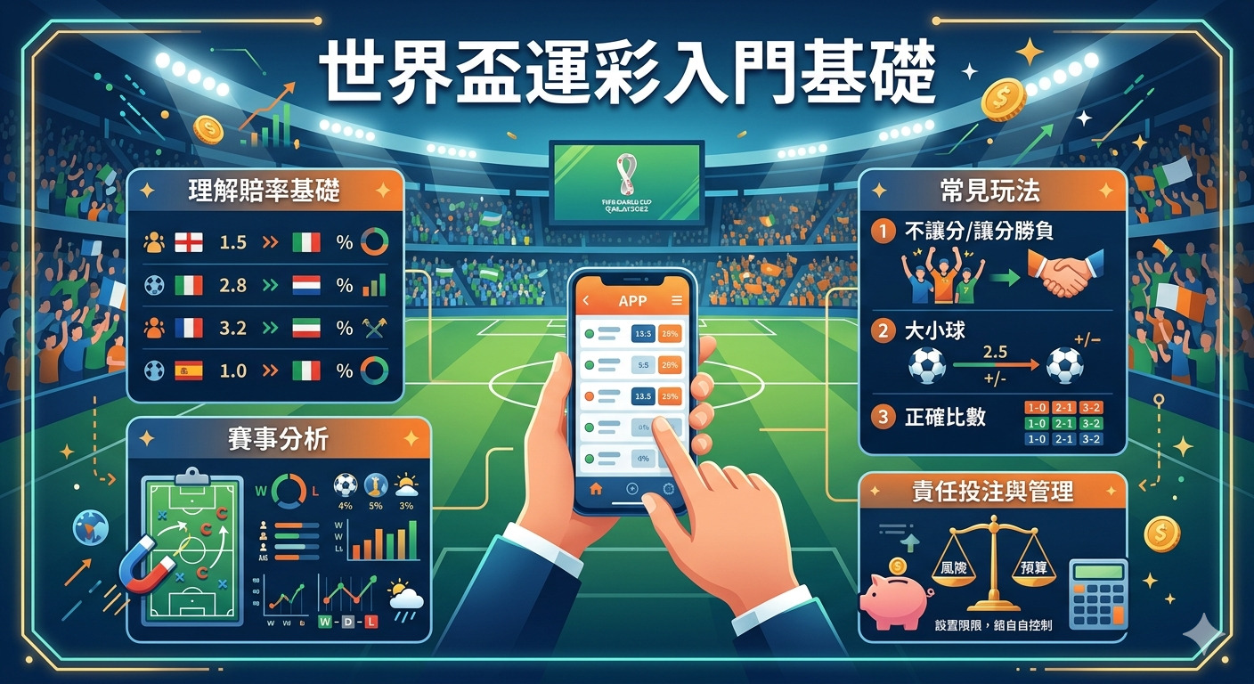 這是一張以「世界盃運彩入門基礎」為標題的資訊圖表，背景為熱鬧的足球場。 圖中展示了賠率分析、常見玩法與負責任投注管理，並有手持手機操作運彩應用程式的示意畫面。