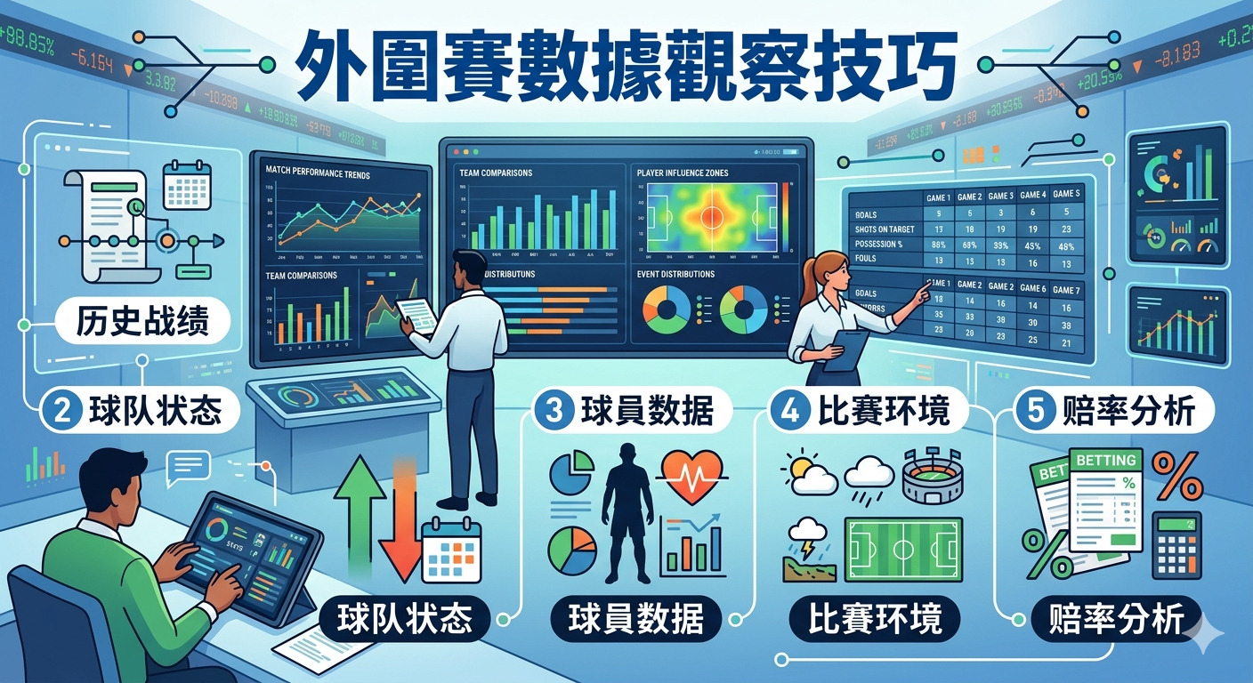 這幅圖像展示了一個運動數據分析中心,分析師們正在透過大型螢幕和平板電腦檢視比賽趨勢、熱區圖及各項統計圖表。 整體設計以「外圍賽數據觀察技巧」為主題,並將球隊狀態、球員數據、比賽環境及賠率分析等關鍵步驟具象化呈現。